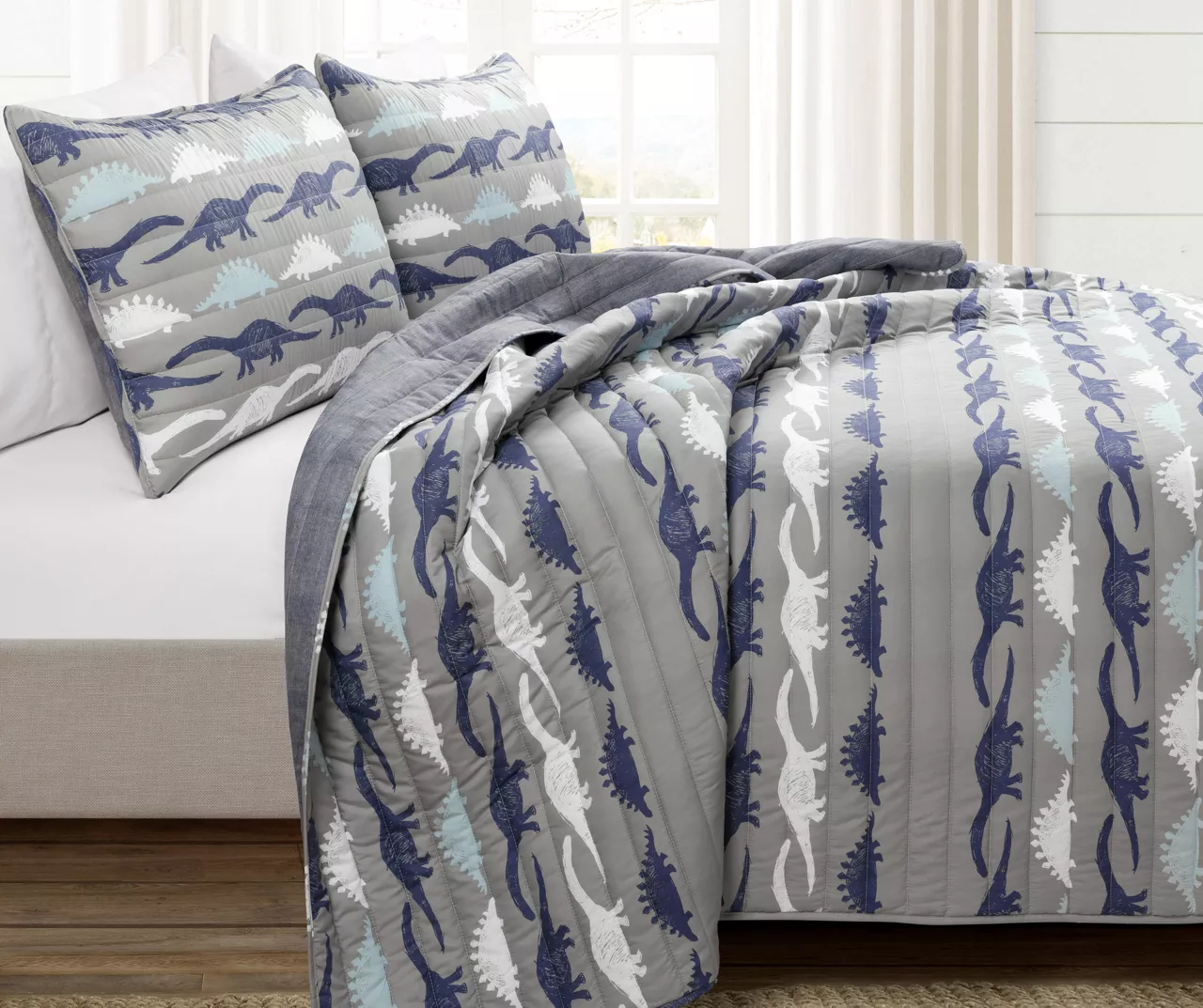 Navy & Gray Dinosaur Reversible Twin 2-Piece Quilt Set - Image 2