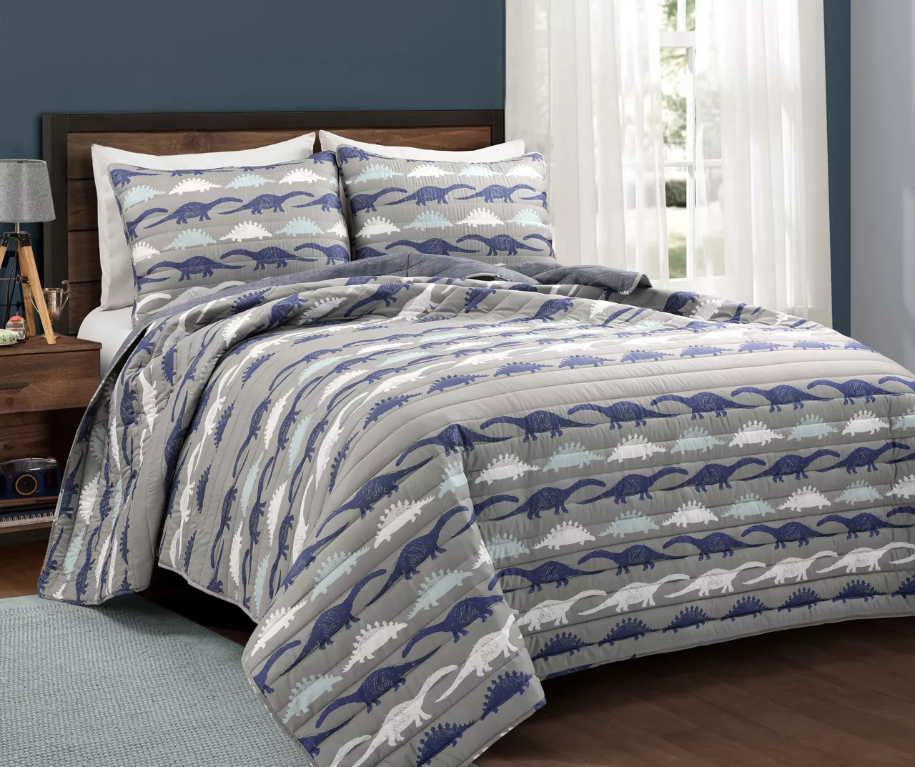 Navy & Gray Dinosaur Reversible Twin 2-Piece Quilt Set