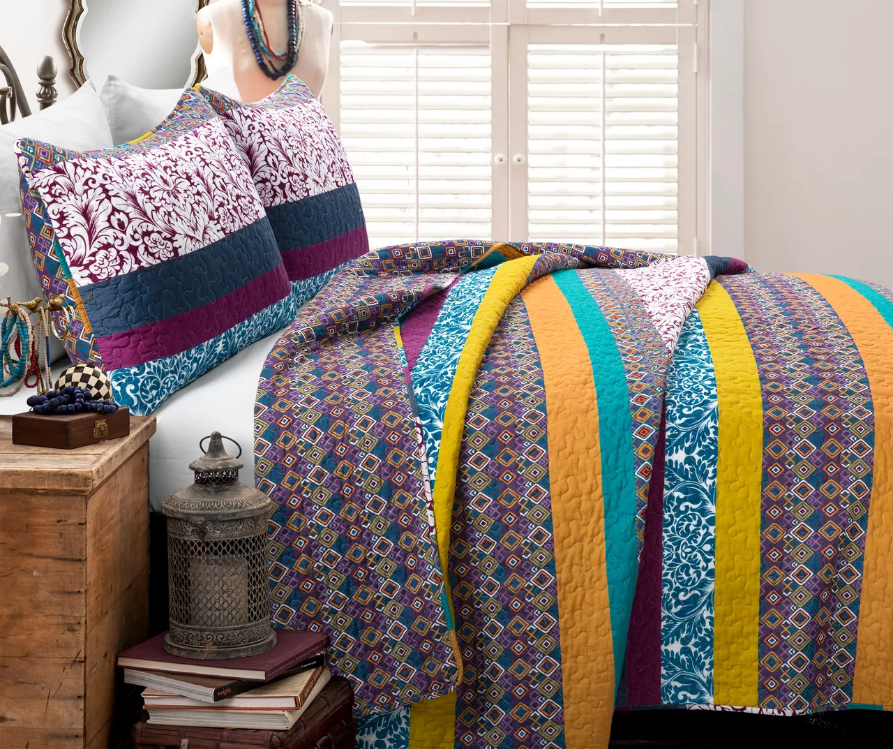 Plum & Yellow Bohemian Pattern Stripe Reversible Full/Queen 3-Piece Quilt Set - Image 2