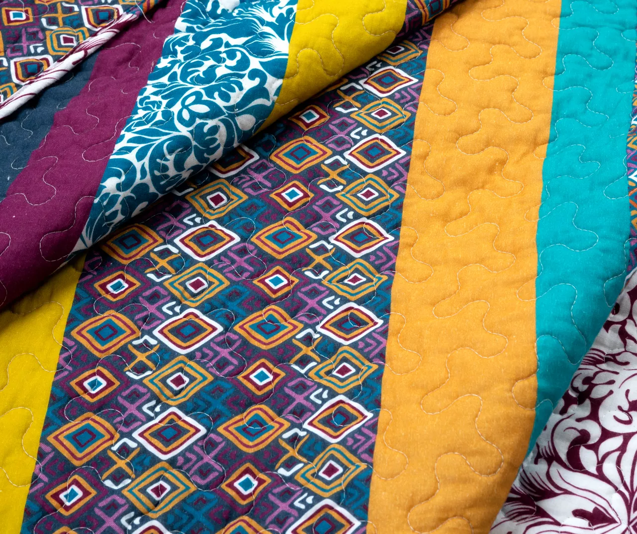 Plum & Yellow Bohemian Pattern Stripe Reversible Full/Queen 3-Piece Quilt Set - Image 3