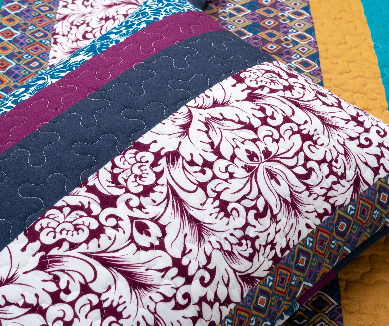 Plum & Yellow Bohemian Pattern Stripe Reversible Full/Queen 3-Piece Quilt Set - Image 5