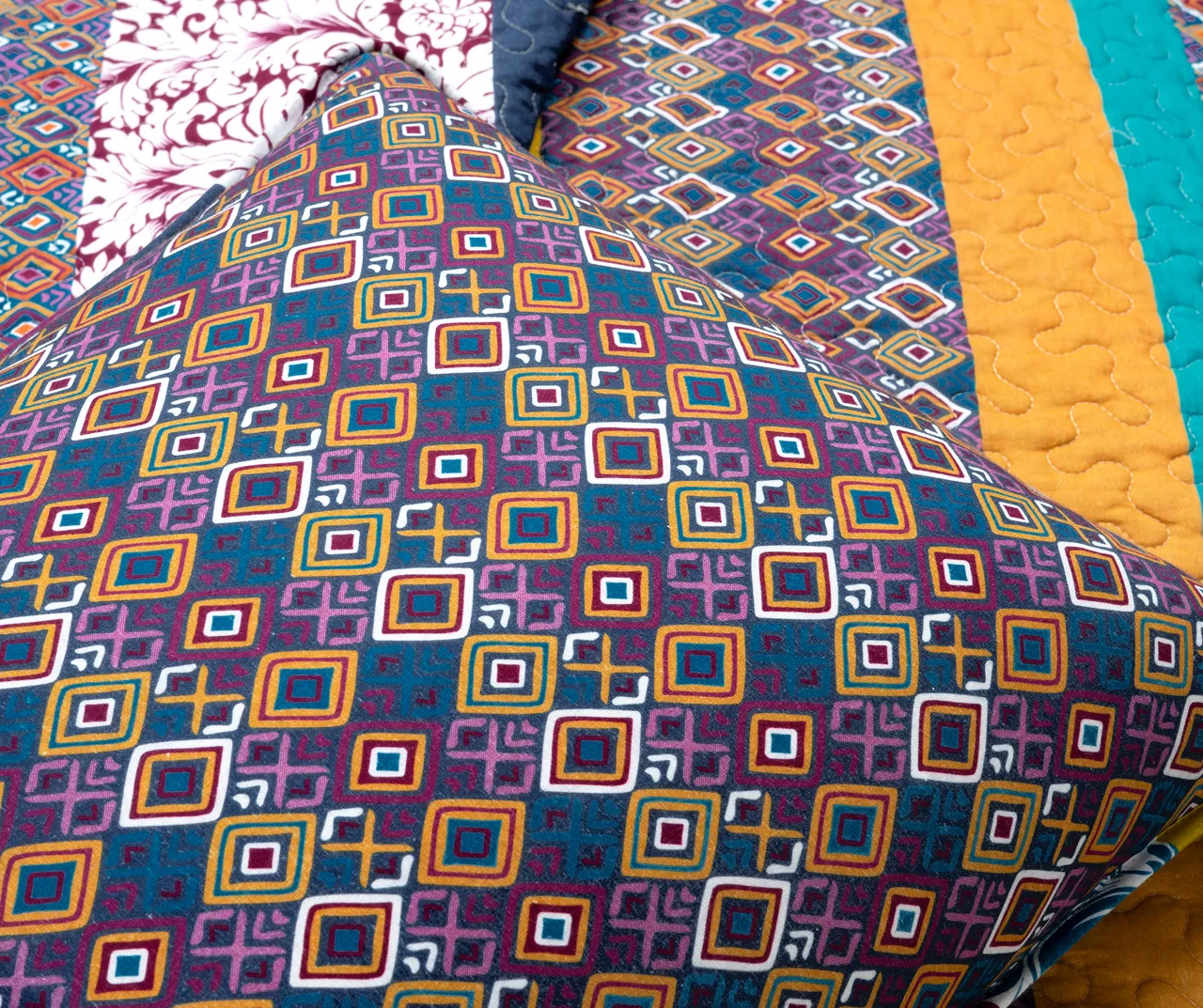 Plum & Yellow Bohemian Pattern Stripe Reversible Full/Queen 3-Piece Quilt Set - Image 6