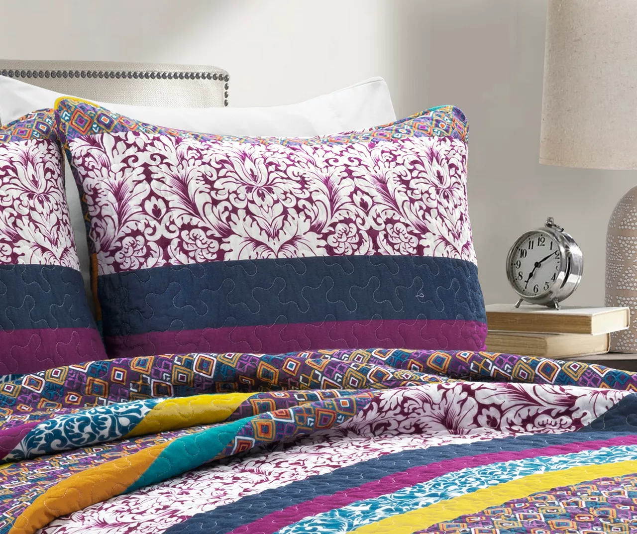 Plum & Yellow Bohemian Pattern Stripe Reversible Full/Queen 3-Piece Quilt Set - Image 7