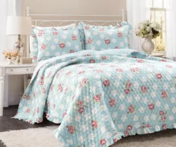 Lush Decor Blue & Blush Floral Ruffle-Trim Reversible Quilt Set