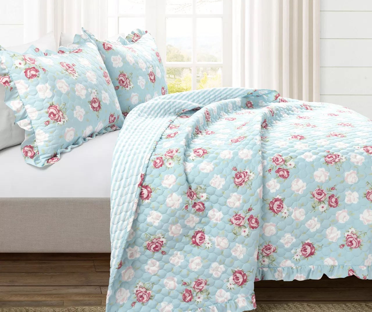 Lush Decor Blue & Blush Floral Ruffle-Trim Reversible Quilt Set - Image 9