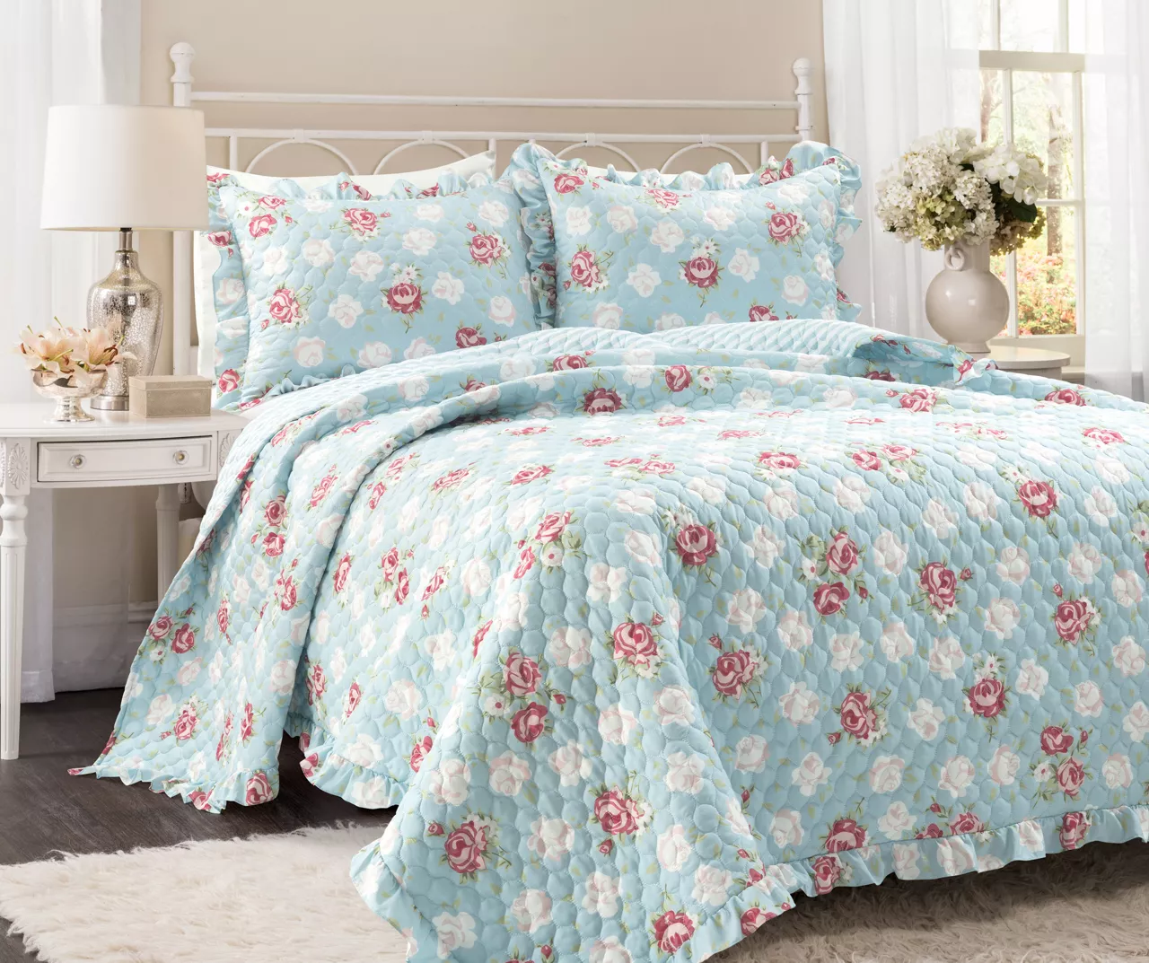Lush Decor Blue & Blush Floral Ruffle-Trim Reversible Quilt Set - Image 2