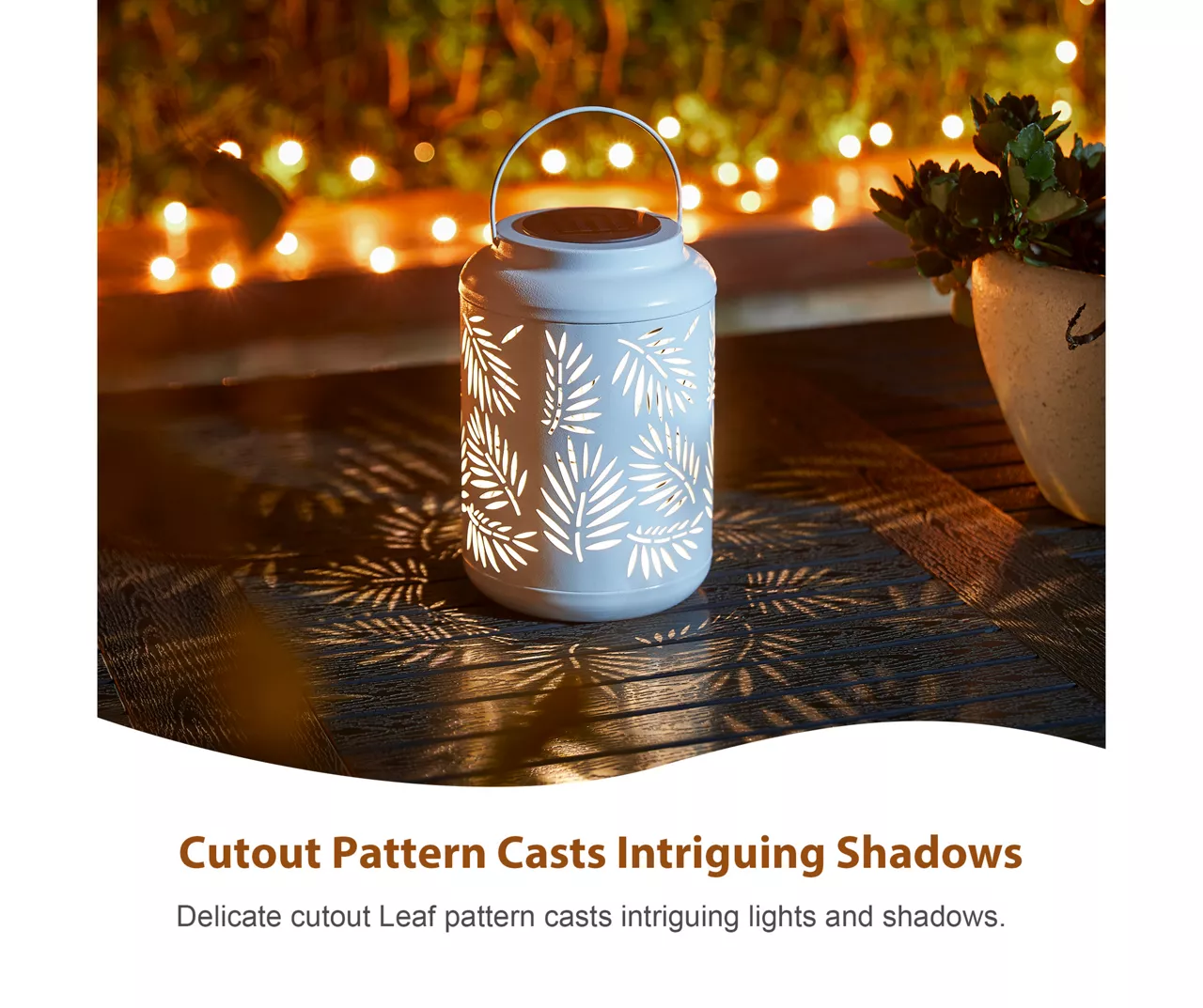 White Leaf Cut-Out Metal LED Solar Lantern - Image 7
