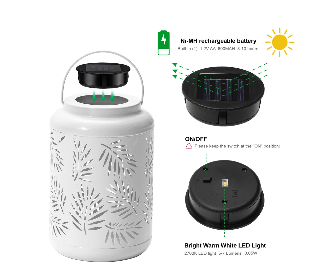 White Leaf Cut-Out Metal LED Solar Lantern - Image 10