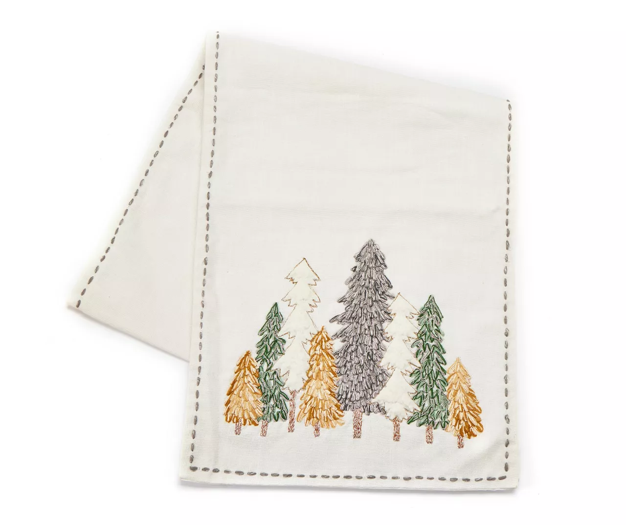 Festive Gathering White & Green Embroidered Trees Table Runner
