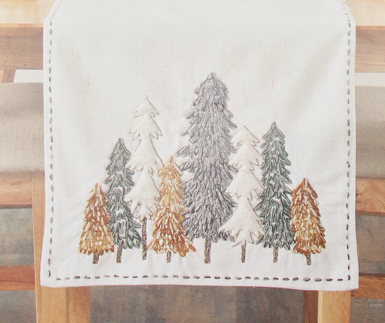 Festive Gathering White & Green Embroidered Trees Table Runner - Image 2