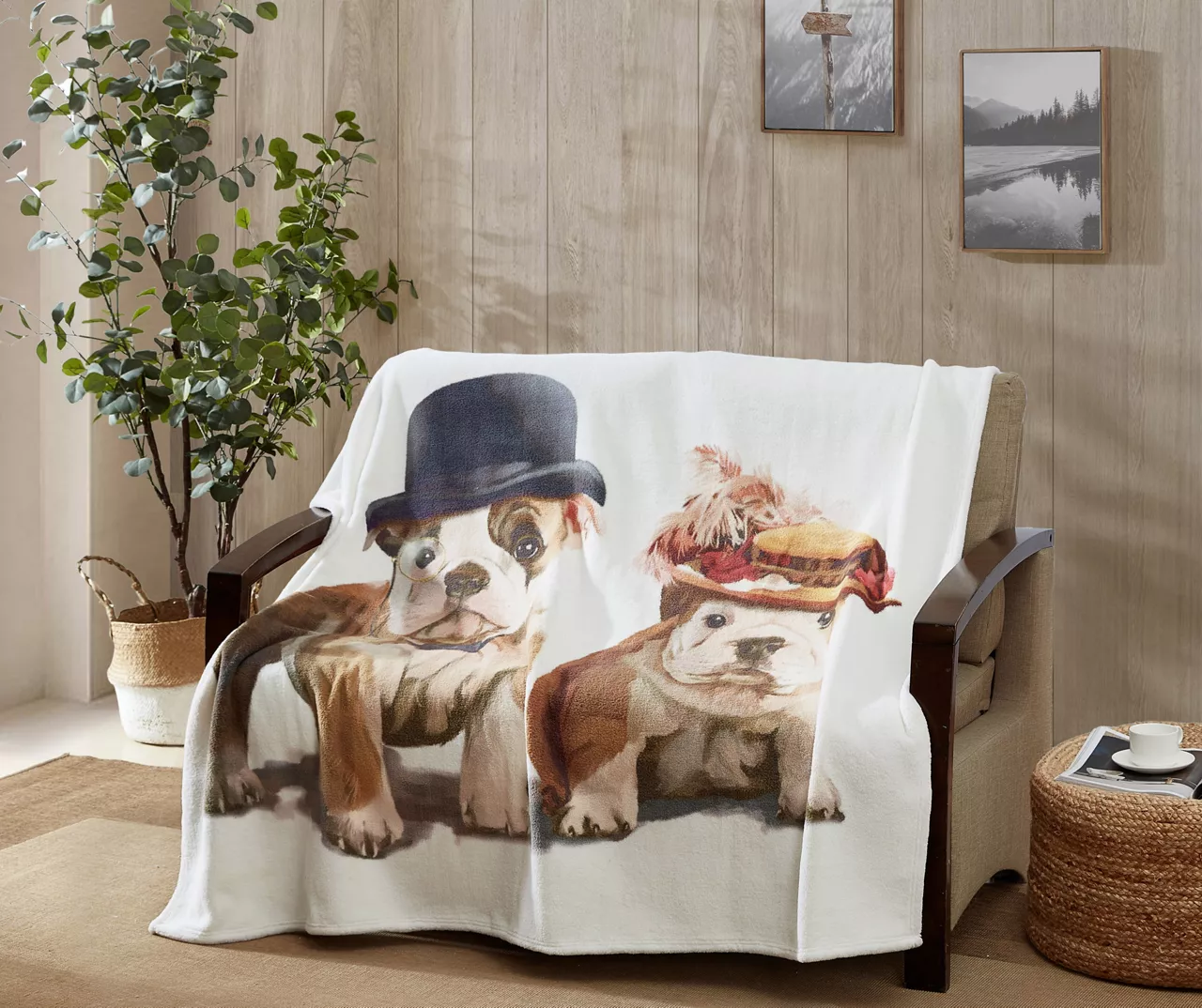 Brown & White Bulldog Couple Fleece Raschel Throw, (50" X 60") - Image 4