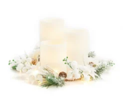Frosted Pine 3-Piece LED Pillar Candle Centerpiece With Pine & Berry Ring