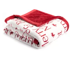 "Merry & Bright" White & Red Sherpa Throw, (50" X 60")