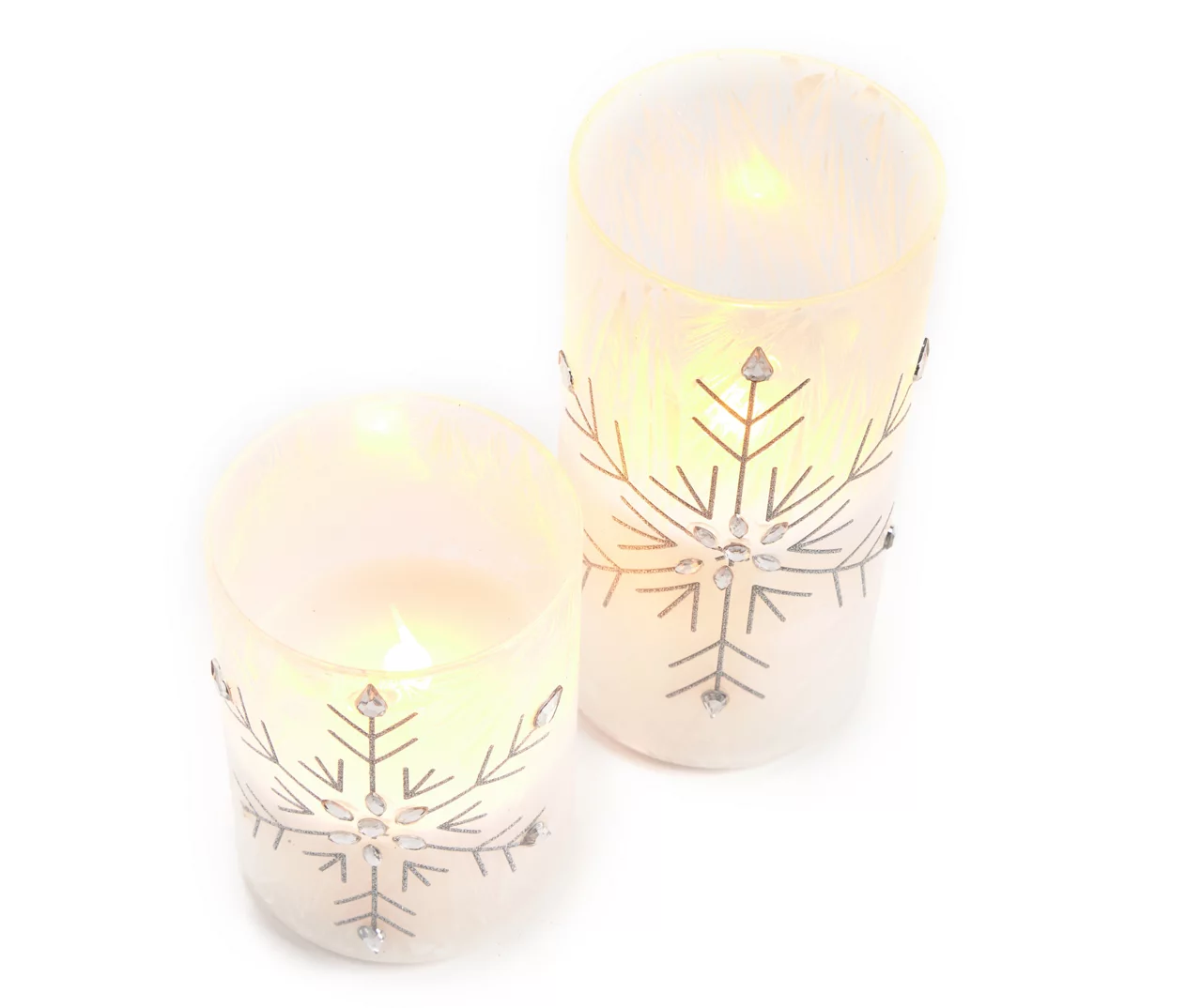 Silver Glitter & Gem Snowflake 2-Piece LED Pillar Candle Set - Image 2
