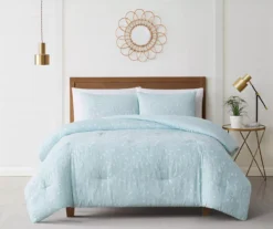 Casa Light Blue & White Embroidered Leaf Vine Queen 3-Piece Comforter Set