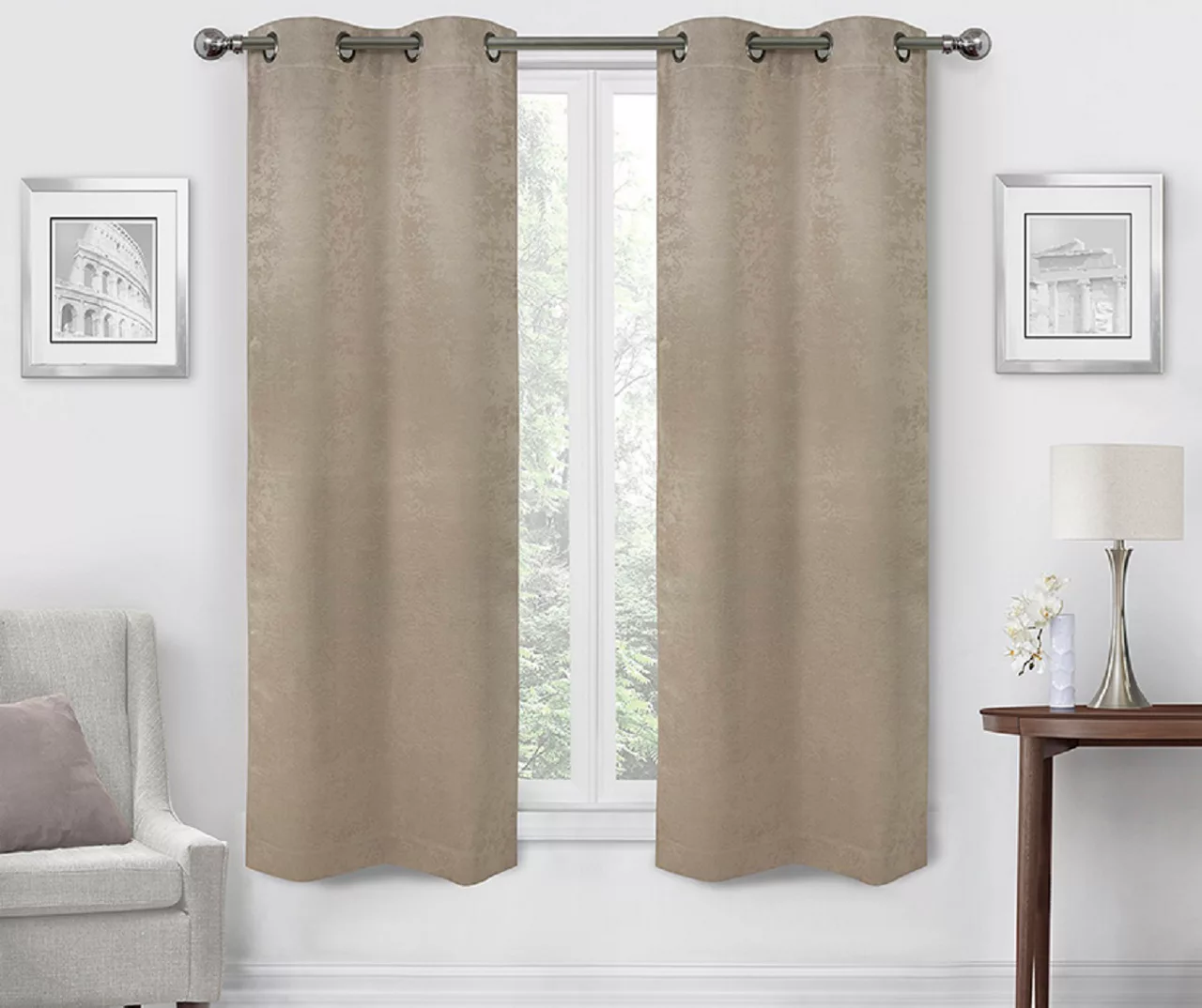Taupe Velvet Abstract Blackout Grommet Curtain Panel Pair, (63")