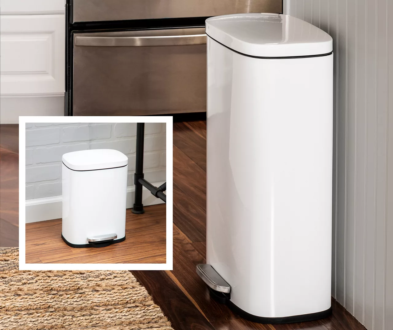 White Stainless Steel Rectangular 2-Piece Pedal Trash Can Set - Image 4